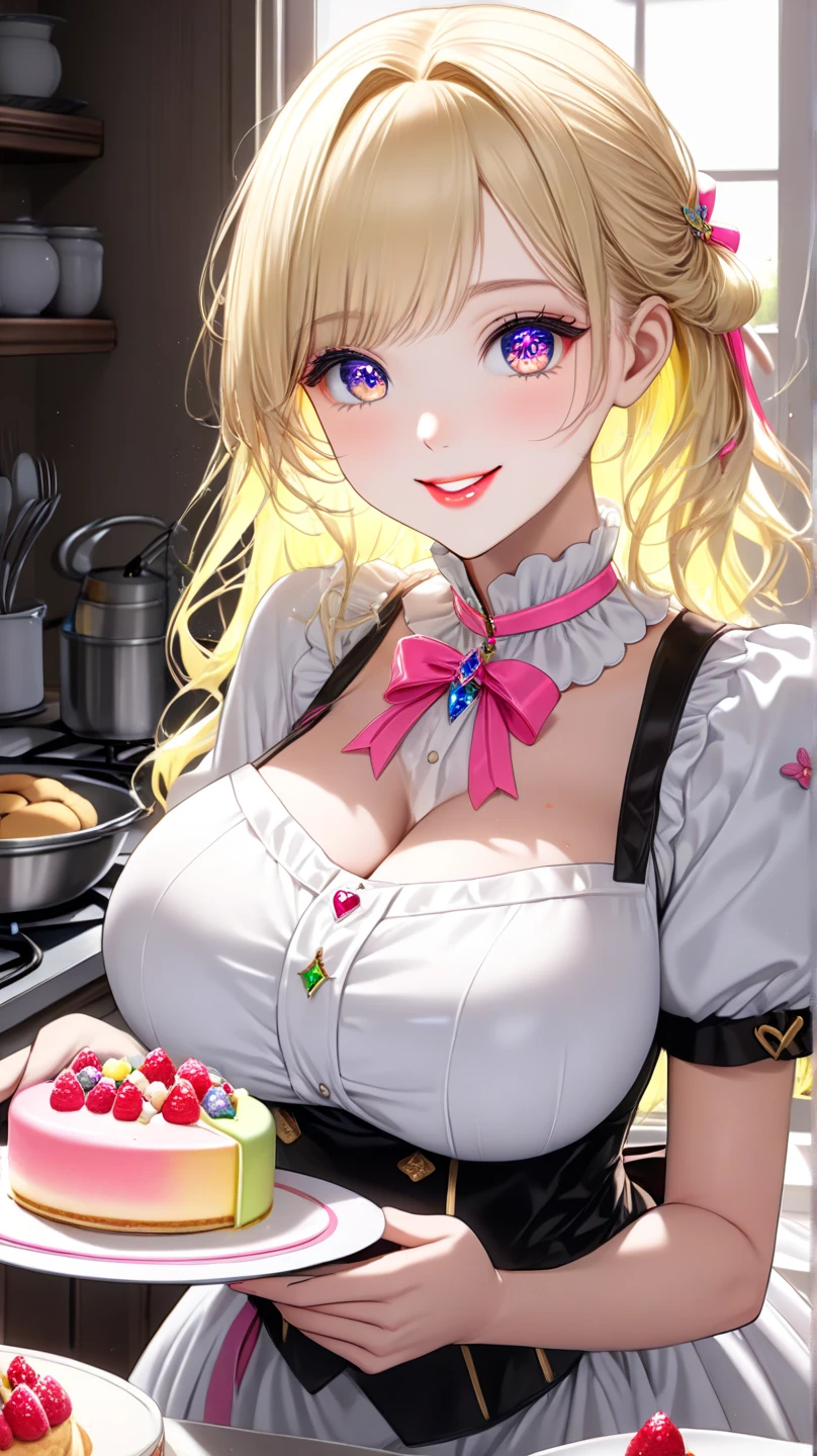 (small breasts:1.2), (perky chest:1.2), (pointed chest:1.2), (Pudding cake magazine cover:1.3),(from above:1.0),(fromside:0.9),masterpiece, 1girl, Amazing Cleavage:1.1, thin waist, optimum,tmasterpiece,hight resolution,best qualtiy,hyper HD,super detailing,awardwinning,16 K，solo,(The upper part of the body),anatomy correct,Beautiful cyberpunk girl，Cowboy Shot,cute face,a blond,Longhaire,Twin-tailed,Braids, Hairline,（scarlet eyes）,long eyelasher,Hanging eye corners,White skin of the,shoot from the side, ((see through camisole:0.1)), ((Sheer nipples:1.0)),Rocket Tits,(Slim body),smile,seductive weak smiling,(with sparkling eyes and a contagious smile),open mouth, Looking at Viewer