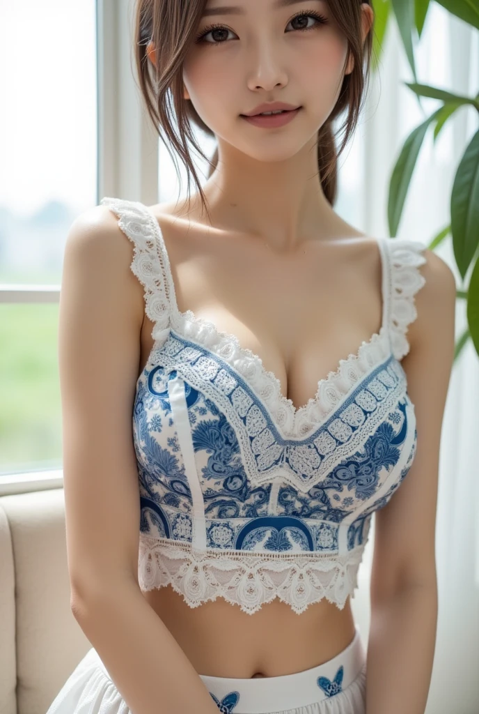 Fashion trendy beautiful and charming woman, gentle and charming Chinese beautiful woman, Korean(kpop-idol), delicate and sexy collarbone, charming oval face, double eyelids, smart [peach]blossom eyes, pink lips, small nose, bare shoulders, focus on the face, close-up of the face, Ultra-high-definition, super-detailed, the ((loose)), white off-the-shoulder shirt perfectly echoes the light blue high slit miniskirt, (chest cutout). ((black)lace panties), fresh and impressive, Natural(medium breasts:1.25), (nsfw:1.2)