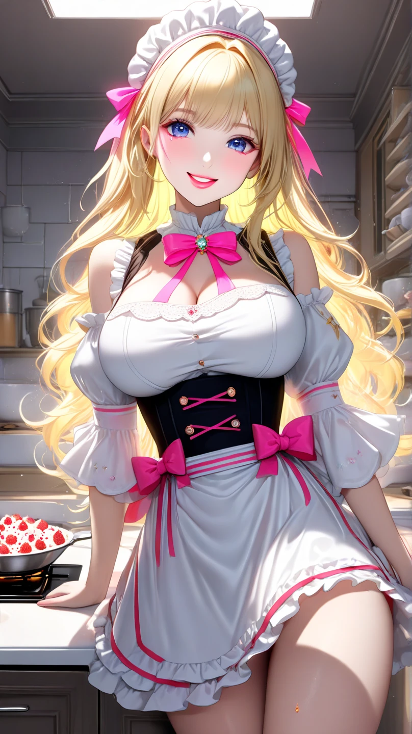 A slim blonde maid with twintails and bell collar in a pink dress standing in an old kitchen. She wears thigh high boots. She has very large breasts.