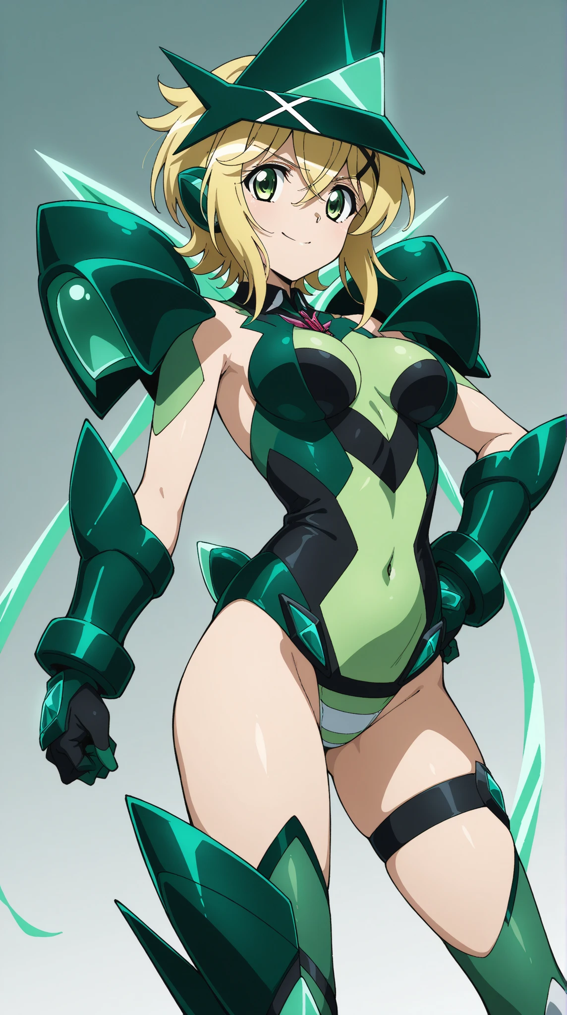 1girl, Kirika Akatsuki, short hair, blonde hair, thighhighs, gloves, striped thighhighs, green eyes, elbow gloves, leotard, headgear, skirt, covered navel, green leotard, skin tight, armor, shoulder armor, shiny clothes, panties, medium breasts