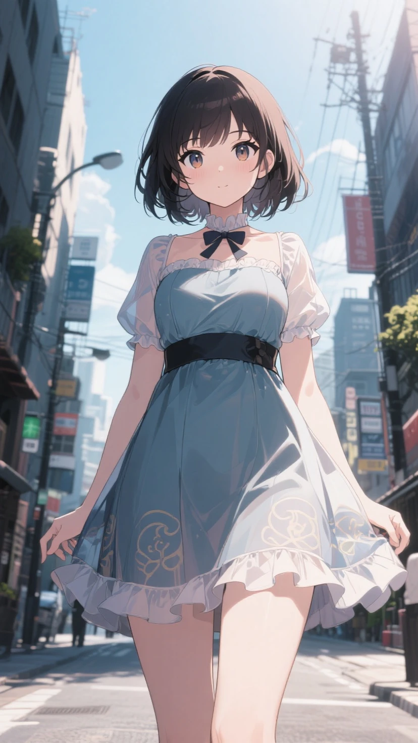 1girl, short black hair, blue eyes, wearing plain white brown frock, city, absurdres, high res, ultrasharp, 8K, masterpiece, looking at viewer