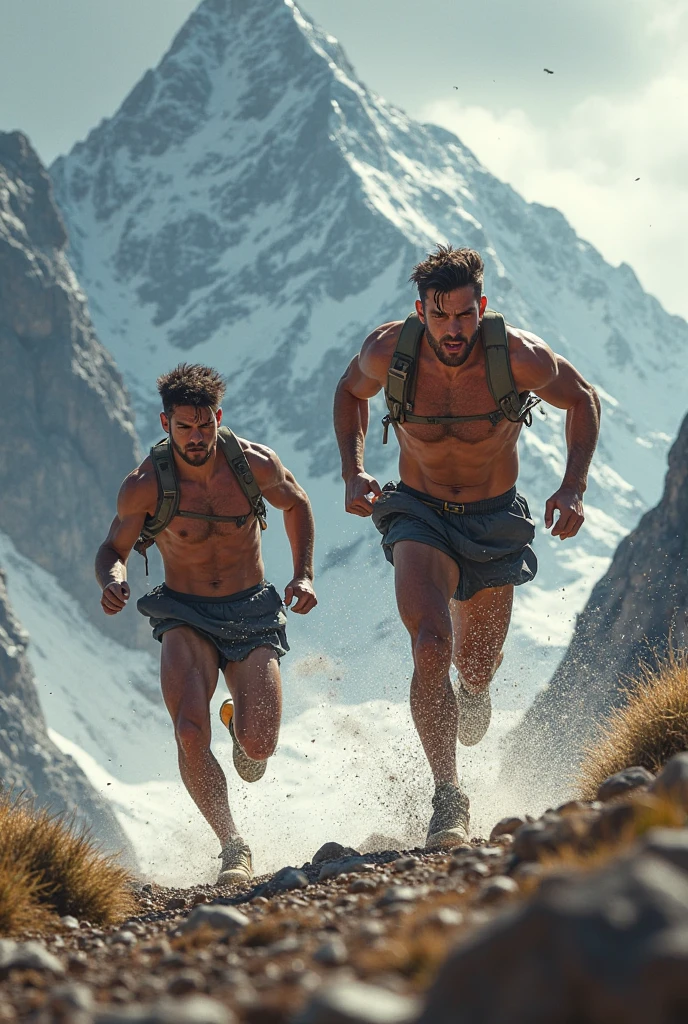 Ultra-realistic cinematic image, 8k A imagem mostra dois homens posando para a foto. Both are wearing hiking and climbing, view from below, scruffy, closeup, interesting perspective, skinny and lean body, pretty cute and masculine face, smirk, wearing dirty white jockstrap hiking backpack, spreading legs pose, filthy, sweaty, hairy legs, skinny, half naked, bare chest, in the background a moutain, hiking trail, outdoors, view from below, amazing composition, HDR, volumetric lighting, ultra quality, elegant, highly detailed., The background is blurred, . The men's pose is serious and confident, with eyes straight into the camera.