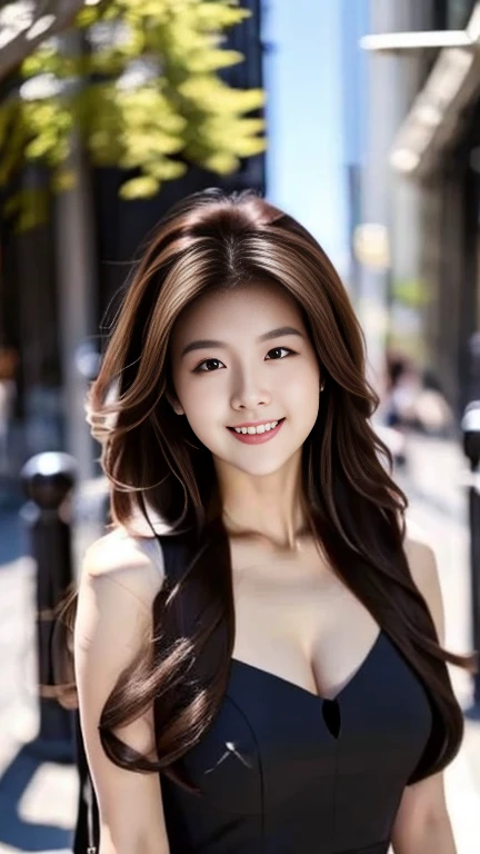 ((Highest quality, 8K, masterpiece: 1.3)), 1 Girl, smile, whole body, Slim face, Beautiful woman, ((Extra long brown hair:1.2))、wearing so pretty maid outfit、High heels, Highly detailed face, Fine grain, double eyelid, Blurred Background, Slim face, full figure supermodel standing, entire body in frame、At the cosplay event venue、Larger breasts、Place your left hand gently on your chin，right hand holding her breast,Lots of photographers around、Surrounded by a crowd of photographers