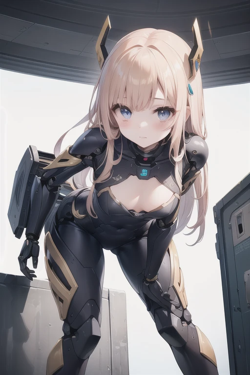 ((masterpiece)), (textured skin), ((high details)), best quality, award winning, 8k, beautiful woman, Mecha girl (black and gold machine parts), (mechanical body:1.2), Armament made up of complex parts, android woman, gradient hair, blonde hair, Night sky, neon lights, megalopolis, rifle