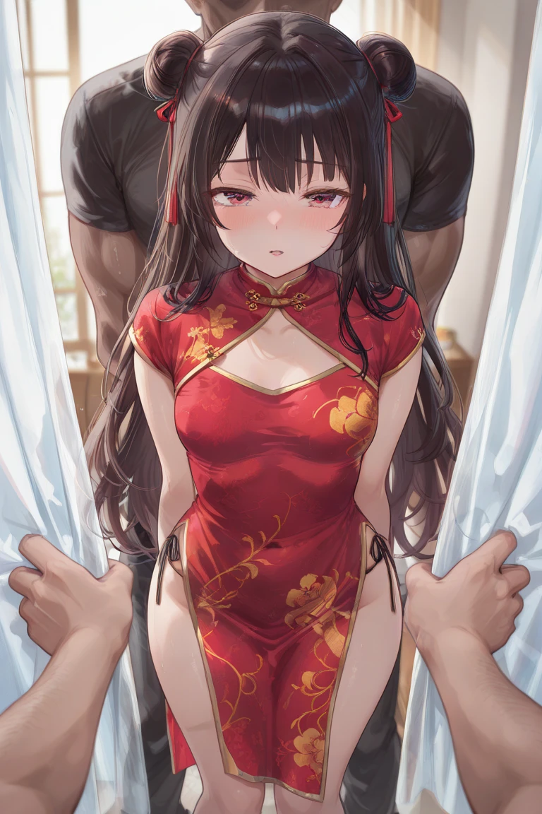 A tragic historical drama in 8k live-action style: Beautiful palace secrets Beautiful 10 year old Chinese Kung Fu girl princess with short black hair has very rough unwanted sex with old man emperor Gorgeous embroidery, Ultra glossy, She is wearing a shiny red top and bottom long sleeve floral kung fu suit.... Her clothes were forcibly torn off by the old man, exposing her genitals.