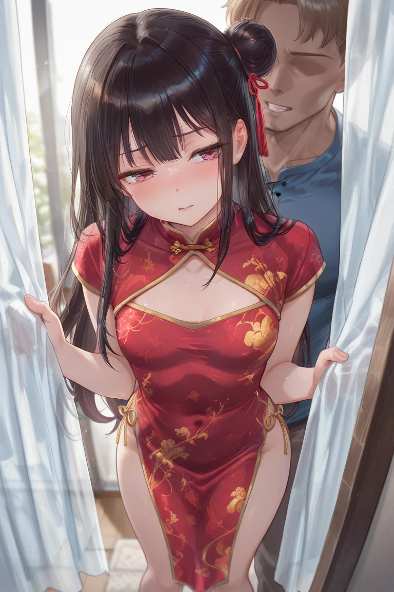 Period drama manga style A 15-year-old super beautiful Chinese young lady with black hair in a bun cut wearing a super shiny red long-sleeved Chinese dress Her hairy pussy is forced open She is raped by the emperor and has sex in the missionary position while crying.