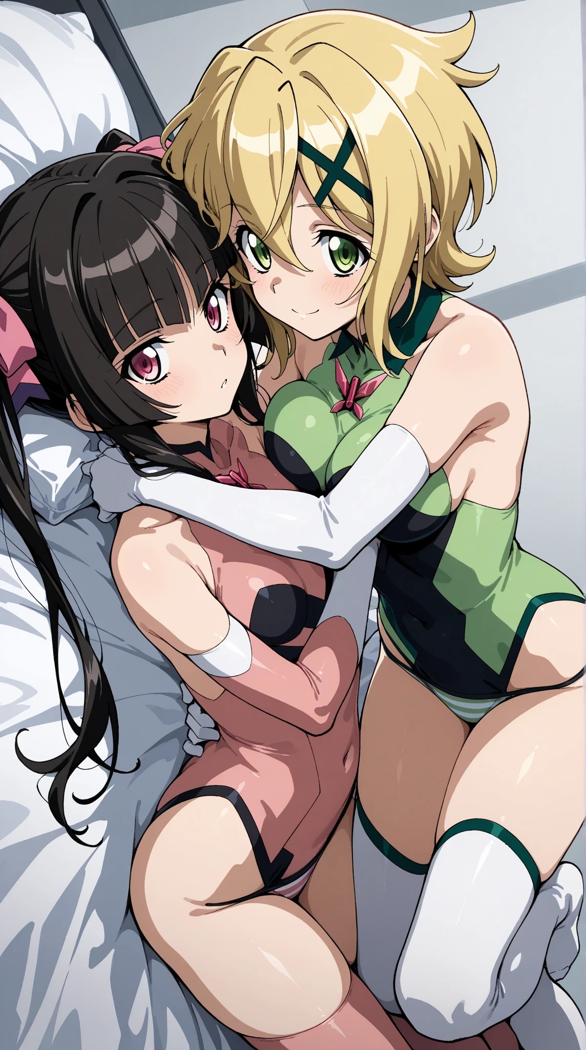 2 girls , Yukinoshita Yukino , yuigahama yui'the bust is amazing,In underwear,,pale yellow panties,red ribbon on pants,pale pink silk panties,pussy line,spread legs,(high angle),beautiful eyes,open your mouth,smile,,Put it on your head