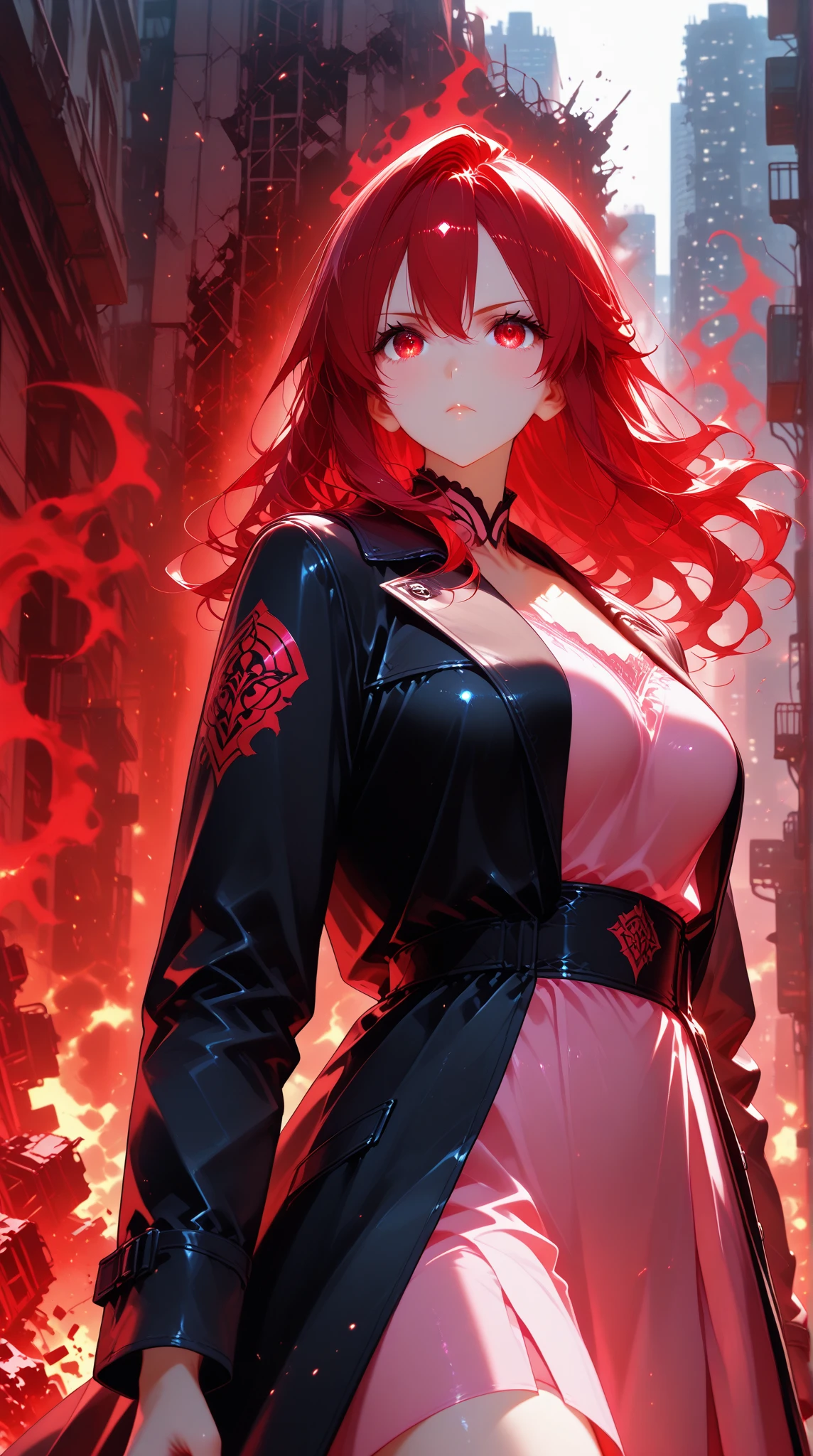 (two persons) Yelan. Red-haired woman with green eyes, long hair, a black blouse, a red jacket, and dark tight pants. Dominant