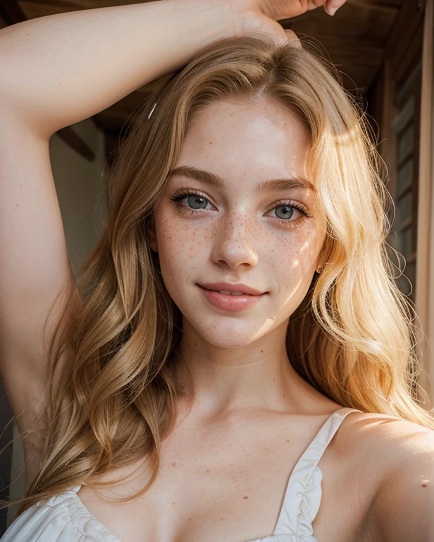 mulher, americana, 25 anos, pale skin and freckles, olhos cinzas, nariz delicado, soft and delicate lips, longo, cabelo blondie longo e ondulado na altura da cintura, sorriso meigo, face with delicate feminine facial features, altamente renderizado