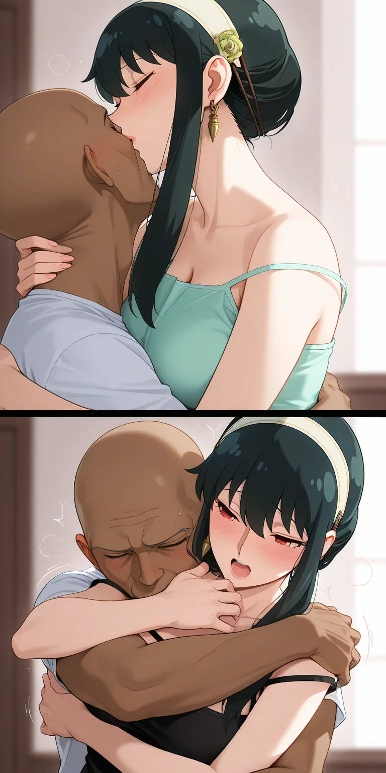 masterpiece, high quality, highres, sketch, rough colors, flat, 1girl, 1boy, 1girl1boy, couple, short blue hair, black stockings, big breasts, groping, hugging, fat man, bald