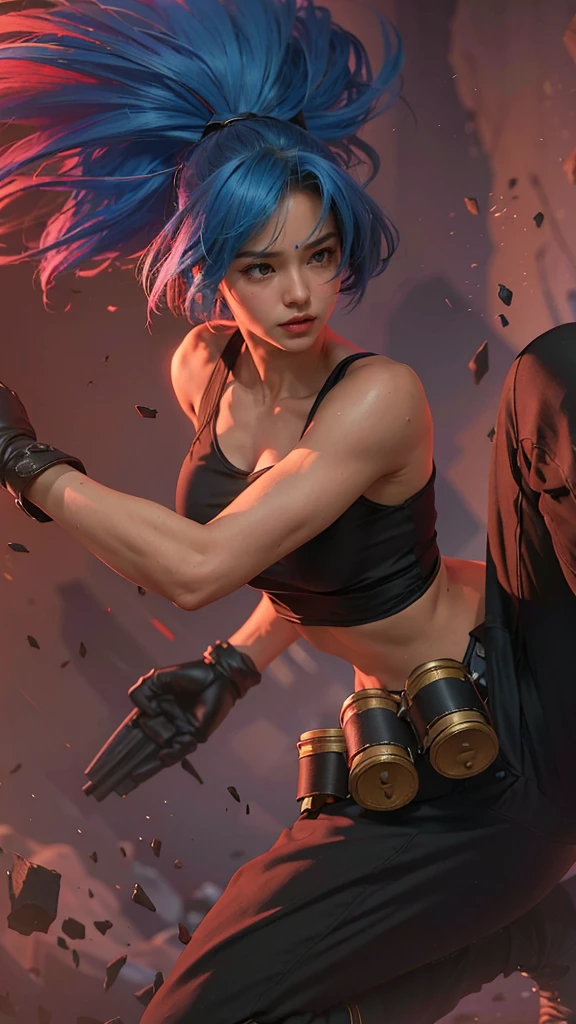 (female:1.2), 8k, ultra hd, ultra detailed texture, hyper realistic, masterpiece, detailed texture, detailed face, detailed skin, detailed lighting, (photorealistic:1.5), best quality, beautiful lighting, cinematic lighting, professional lighting, ultra highres, realistic, detailed hair, real hair, high quality, (realskin:1.5), extremely detailed, finely detail, ultra-detailed, 1girl, solo, elf, pointy ears, standing, demon horns, forehead protector, (red eyes:1.5), v-shapped eyebrow, lips, red lips, evil smile, nose, make up, pretty, beautiful, cute face, long hair, blue hair, high ponytail, large breasts, cleavage, armpit, navel, stomach, black armor, pauldrons, bare shoulders, shoulder armor, thigh high, sleevless, detached sleeves, breastplate, gauntlets, karina \(mobile legends\), depth of field, looking aways, white skin, skin tight, amazing pose, outdoors, glowing, dark view
