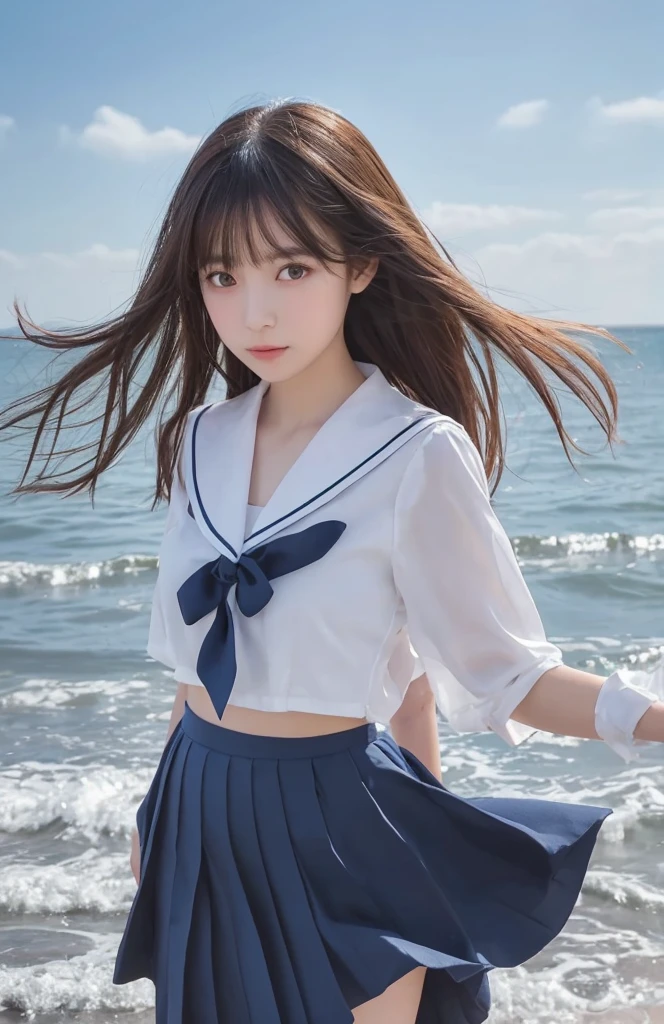 (((The wind blows up the skirt、panties、underwear)))、(masterpiece,highest quality,ultra high resolution),japanese woman, very beautiful、naive girl、(perfect limbs、perfect ???????)、sailor suit、長袖sailor suit、pure white、Shining beautiful skin、Moist eyes、Brown glittery hair