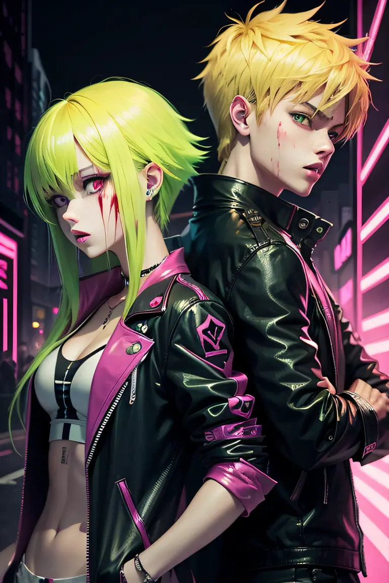 anime phonk horror cover blond man who looks like Justin Bieber with a vampire girl, everything in neon green colors and much blood