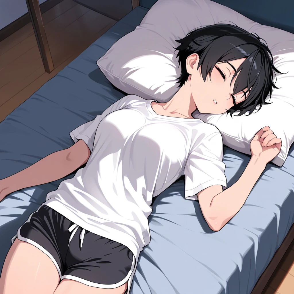 1boy, toned, wide and very vivid black eyes, HD, masterpiece, vibrant, full body view, trendy hair, collar, summer, rubber short sleeves, rubber shorts, sleeping in bed,