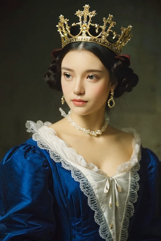 (Ultra-high resolution), (masterpiece), (Attention to detail), (high quality), (最high quality), ((upper body shot)) , One Girl, Medieval Lady, ((Queen)), Victorian Style, race, silk, Long gown, High upstyle, tiara, Royal Blue, Silver Accessories, Luxury Background, Royal Palace Garden, Coat of arms, Luxurious curtains, Classic beauty, Sophistication, noble, Royal Coat of Arms, Graceful pose, noble atmosphere