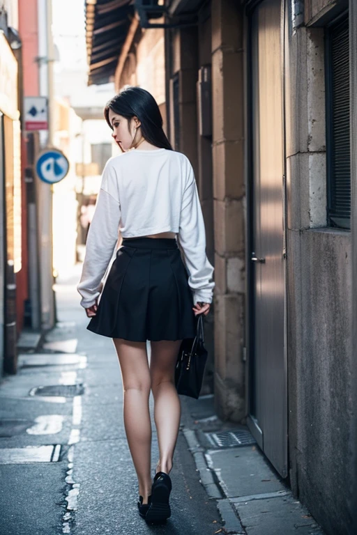 ((best quality)), ((work of art)), ((detailed)), woman, long brown hair with bangs, from behind, wearing a dress shirt, black skirt, walking through the city