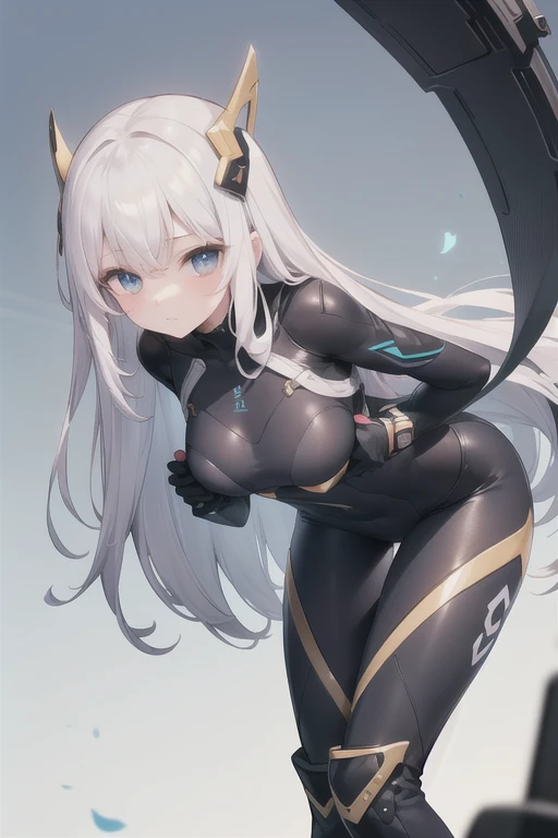 1female, white hair, messy hair, white tiger ears, white tiger tail, white body suit with tiger stripes, serious