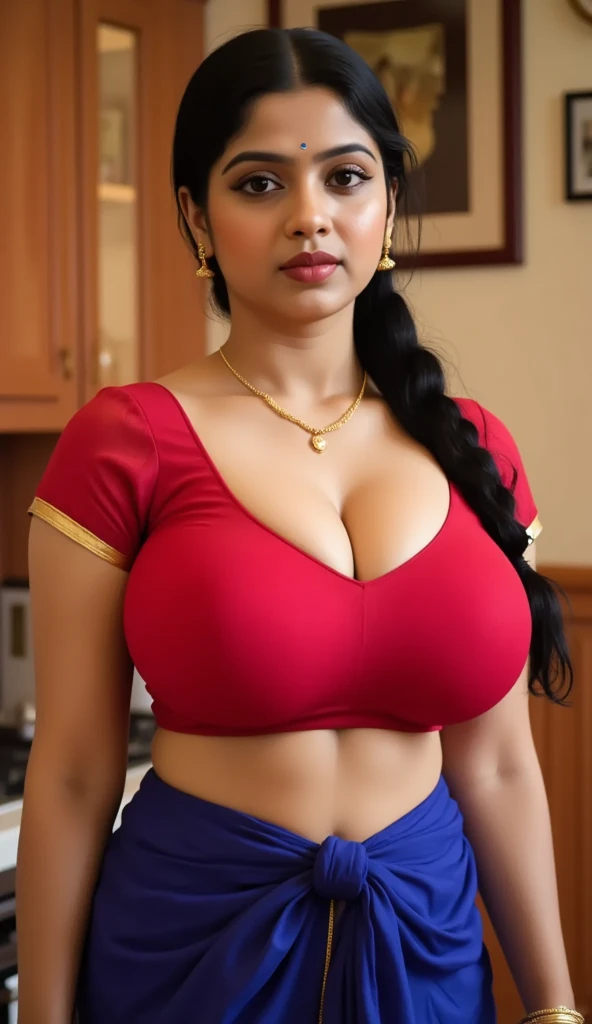 Indian woman masterpiece, best quality, ultra-detailed, (warm hue, warm tone: 1.2), wearing colorful big hook blouse, 20 years old, (((big tits1.8))),((Huge breasts 1.6)),(((Plump body 1.8))), (Indian instagram photo, Wearing hook blouse closeup face photo of 23 y.o Chloe in kebaya, Red Lipstick, sensual Lipstick, Sensational Make Up, big huge cleavage, huge chest, huge breasts pale skin, (smile:0.4), hard shadows, White G-STRING, bright lighting