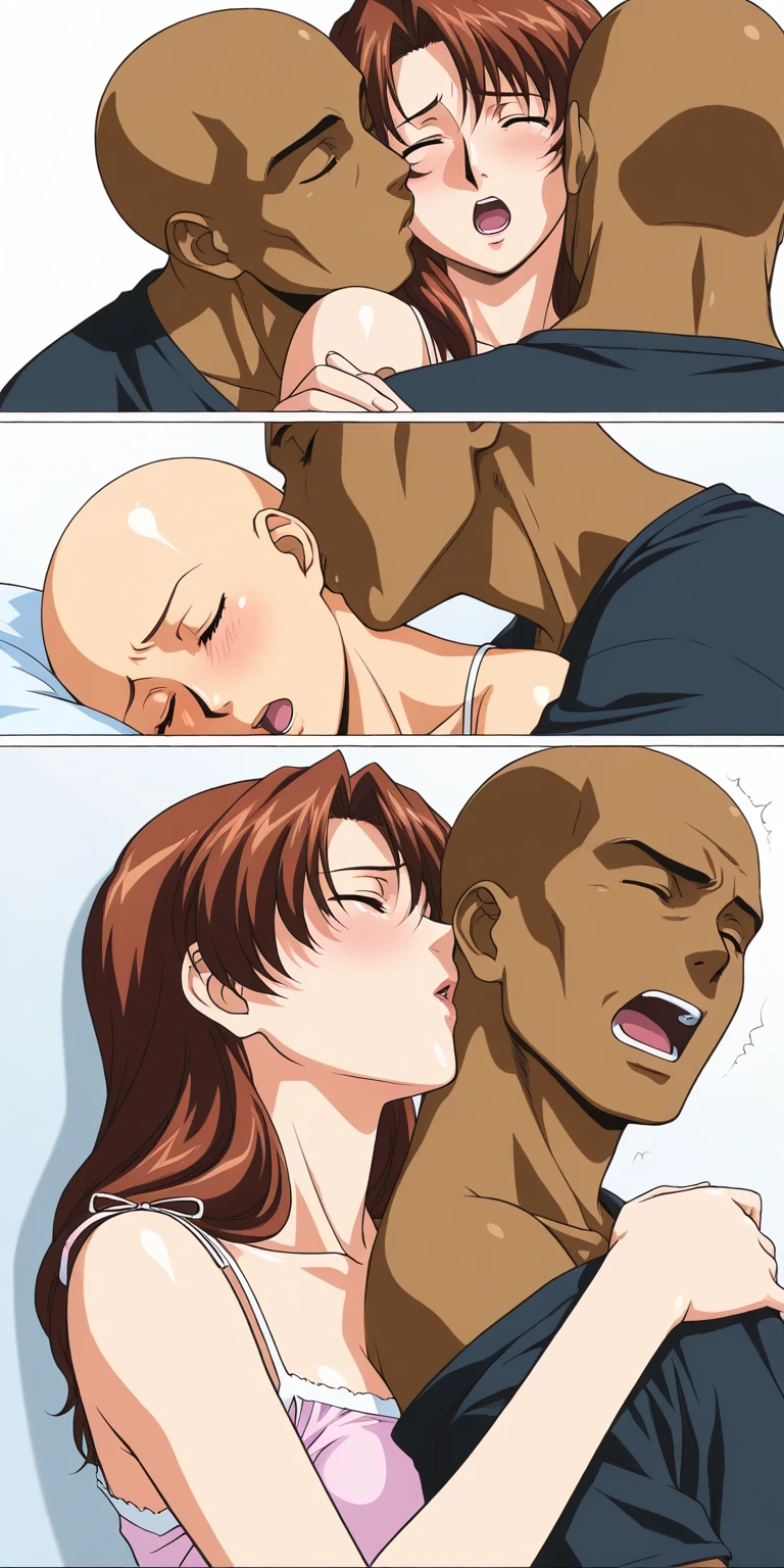 Three anime-style pink-haired busty girls licking a man's genitals
