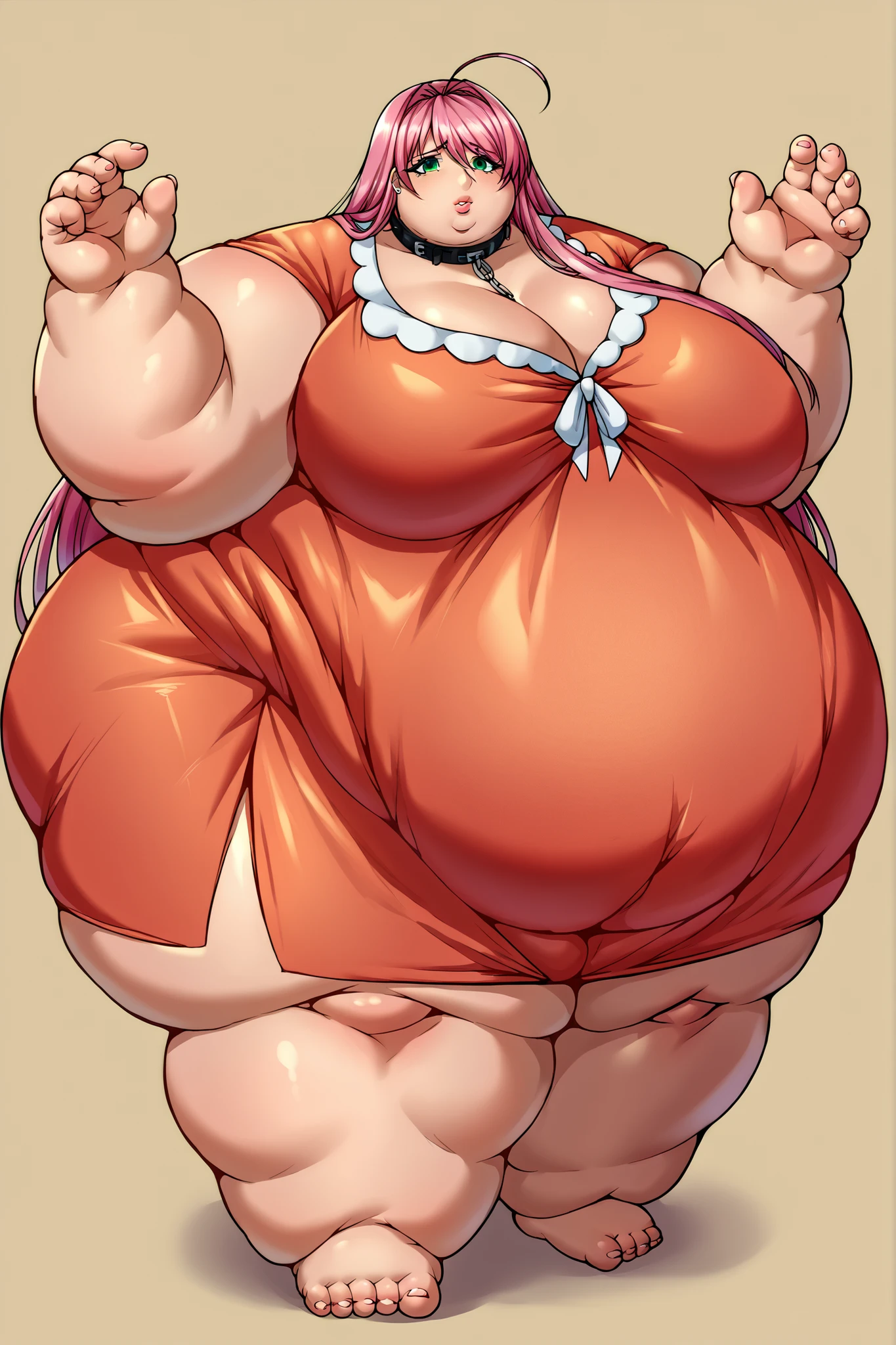 Anime Women, Adult female、Detailed face、amount、amount、Braided Pigtails、Purple Hair、Long Hair、Glasses、Sharp eyes、Thick lips、Purple Lipstick、Painted lips、Very fat、Chubby、obesity、obesity体、Double chin、Cheek、Thick neck、Big Breasts、Saggy breasts、Thick upper arms、Thick arms、thick fingers、Fat belly、Flabby belly、Flabby bellyの脂肪、Thick legs、Big Ass、Brown bodysuit、Standing with your legs apart