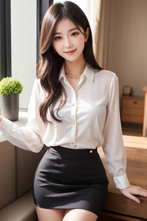 ulzzang-6500-v1.1, (RAW Photos:1.2), (Photorealistic), (See-through:1.3), (Genuine:1.4), 上流階級の魅惑的なwoman、１woman、luxury silk blouse:1.2, (Ultra-realistic pantyhose:1.2), Formal tight skirt、Small luxury lace panties、Pantyhose Focus、Sit at the bar counter、Crossing your legs、Attractive appearance、