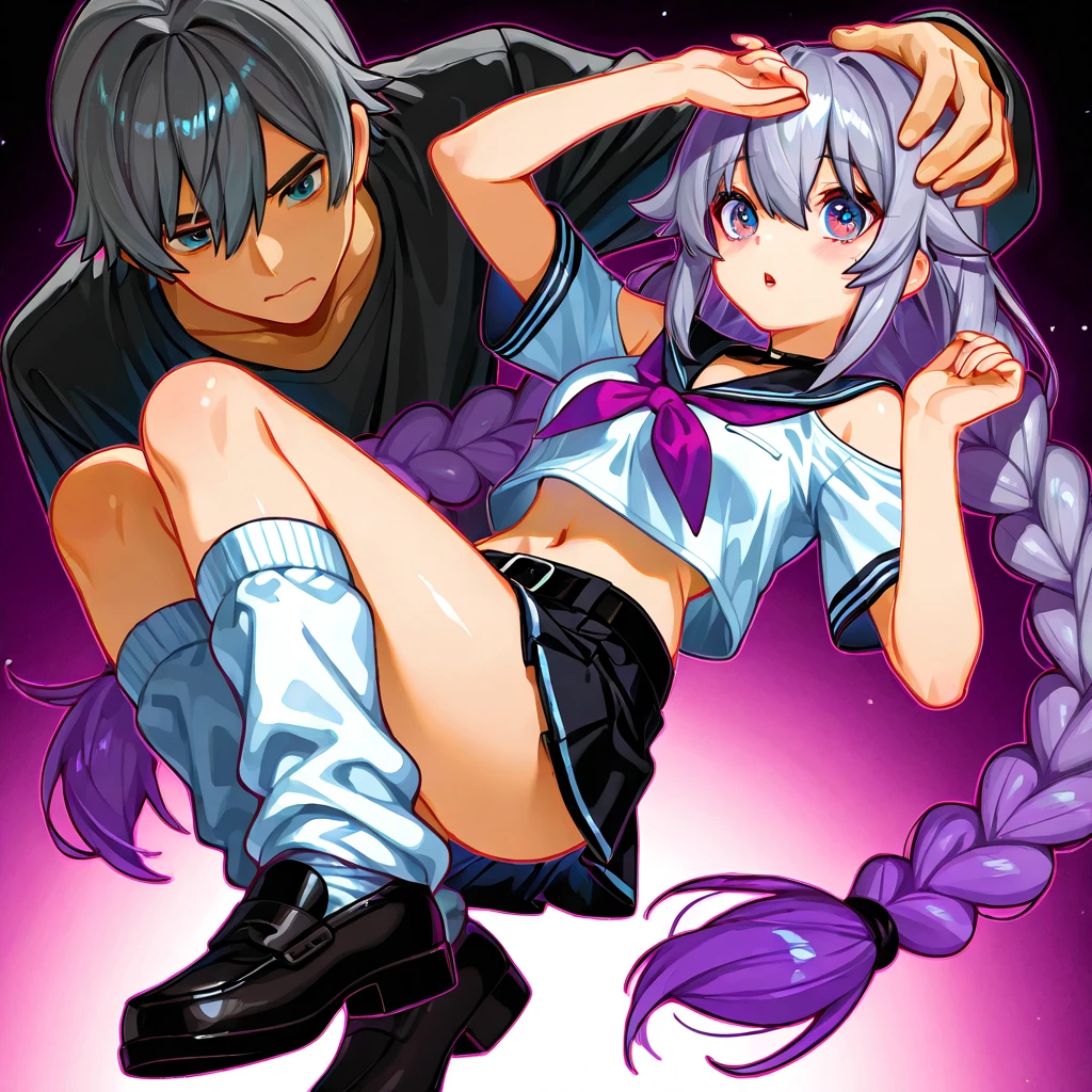 score_9, score_8_up, score_7_up, source_anime, rating_explicit, straight-on, male focus, 4boys, interracial, yaoi, anal, double handjob, group sex, cowgirl position, boy on top, struggling, multiple penises, testicles, (pissing out of penis:1.5), hacka3, otoko no ko, femboy, very long hair, blue hair, blue eyes, bangs, flat chest, small, tanned skin, tanlines, white gloves, white boots, no underwear, seductive smile, stick tongue out, BREAK faceless muscular male, torso grab, night, park