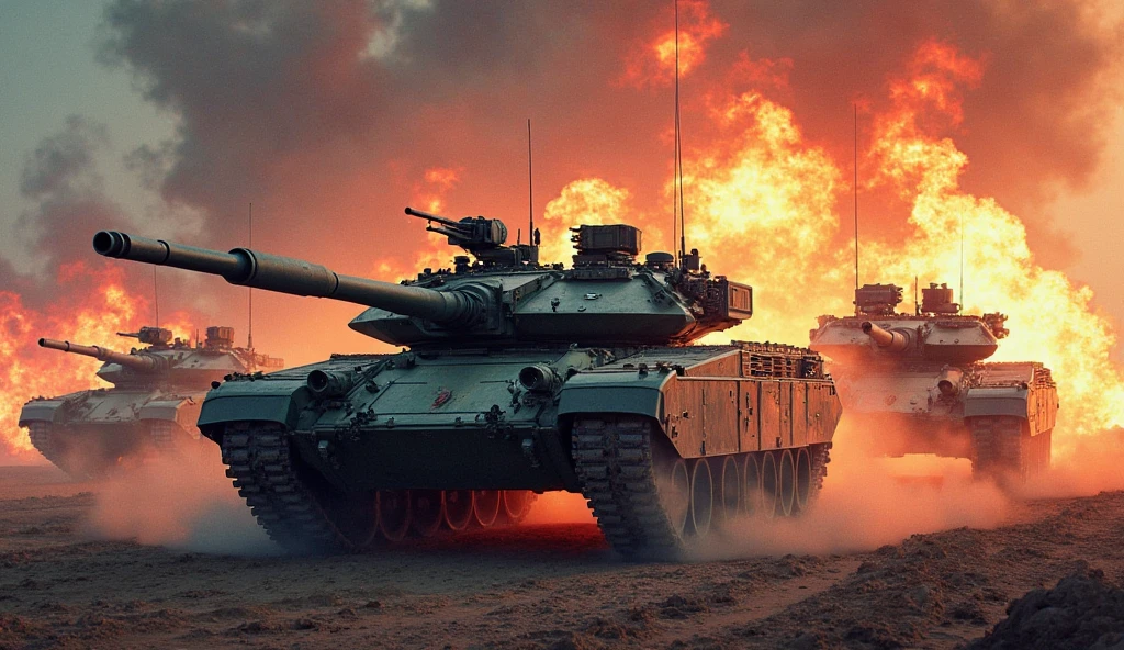 The background is in the city,Sunset,painting masterpiece, Extremely detailed, Black White Dark Steel Dark Blue Black Light Brown Dark Brown White Light Orange Dark Red Dark Green, Dramatic Lighting, evening, High contrast, steam, FOG, Israeli soldiers fighting with tanks on the battlefield, Movie Lighting, Aspect ratio of 16:9, steam, 4K, professional ominous Concept Art, author:artgerm and greg rutkowski, complex, elegant, Highly detailed digital painting, Concept Art, Smooth, Clear focus, illustration, Simon Starenhagen's style, Wayne Barlow, 和 igor kieryluk., Acrylic painting, Popular in pixiv Fan Box, Palette knife and brush strokes, Makoto Shinkai's styleJamie WiseJames GirardEdward HopperGreg RutkowskiStudio GhibliGenshin Impact