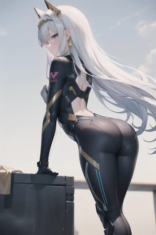 big city, tall city skyline, smog, rain, fog low to the ground, girl on top of a building, a bright moon hanging over her, with long white hair, girl looks heroic while standing on the edge, girl in a tight red bodysuit, with black high heals on, with a hood hiding her face, with long white hair, girl looking off into the distance, back facing viewer,