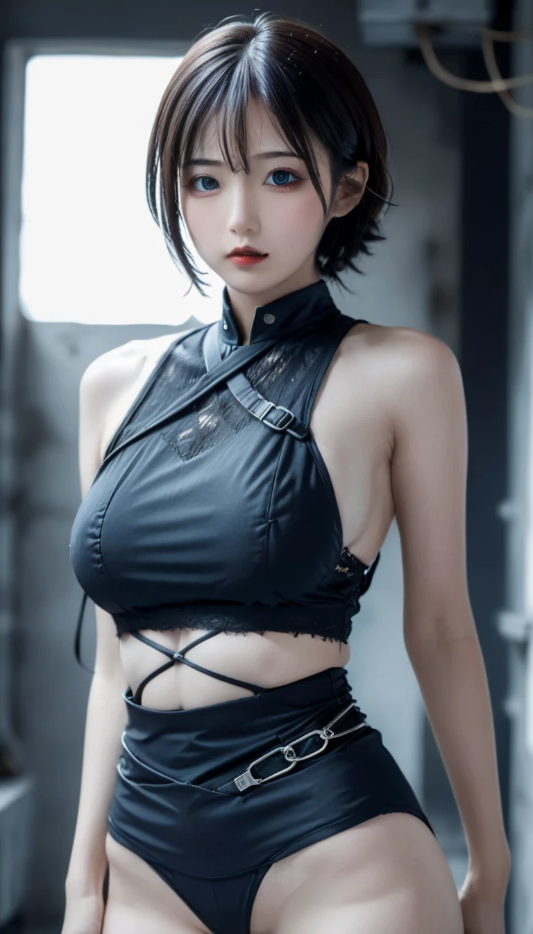 Portrait 1 Young Woman ,SF, beautiful girl,smile,Complex background punk, , Futuristic, Post-apocalyptic, dark, 薄dark光, ((masterpiece, Highest quality, )),(((Nipples exposed through the gap in her clothes))),,(((Small nipples))),(((Small areola)))(((Six Pack Abs))),(((Nipple details)))、