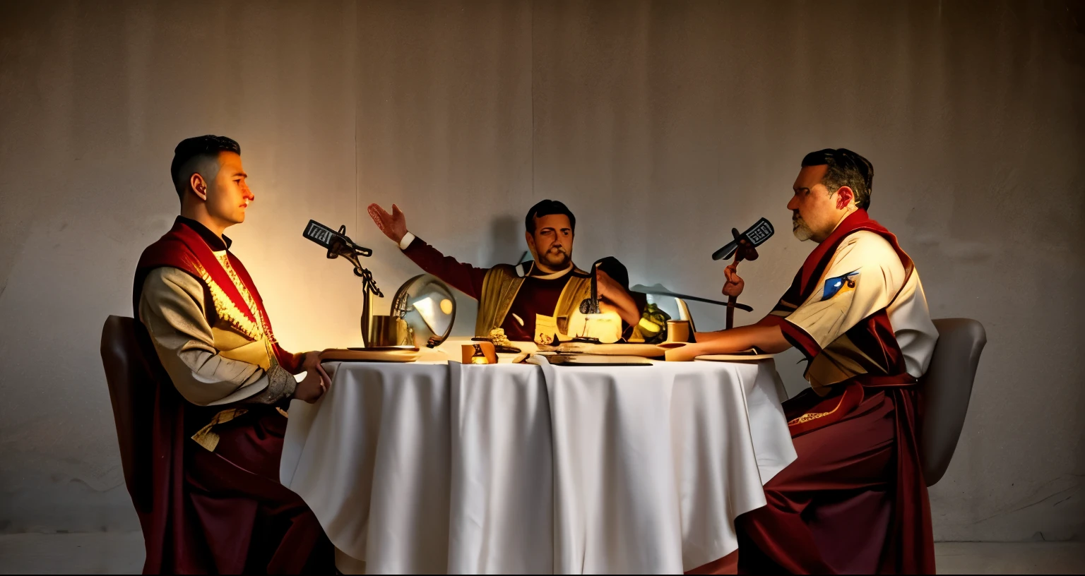 three men in Roman robes sit at a table, Roman warriors, Ancient Rome , Roman legionaries, realistic, realism, photo, Real people