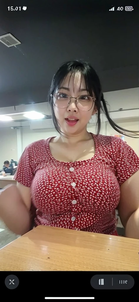 (masterpiece,best quality,ultra detailed,4k portrait:1.5),Young Japanese woman, wearing Japanese convenience store clerk uniform, slutty patterned purple bra, slutty patterned purple panties, denim jeans, black hair, ponytail, glasses, round fat face, big tits,fat waist, fleshy ass, seductive smile, full body shot.