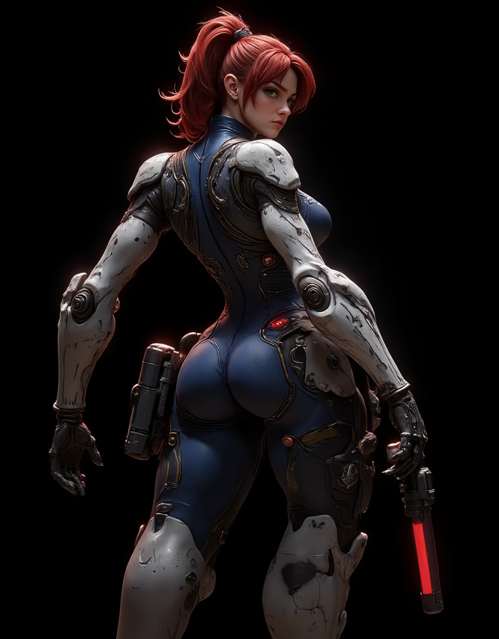 Full back shot of a 20 year old woman, high quality, 4k, she is a futuristic warrior, very pretty, redhead with abundant hair and a ponytail that reaches her waist, her wavy hair falls over her small breasts. Tiny chest, very small chest, bangs, very detailed layered hair. Very detailed green eyes, sensual half-open thick lips, long eyelashes. Perfect face. On her head she wears headphones with a built-in microphone. Very futuristic detailed navy blue camo headphones. Very tight navy camo jumpsuit, jumpsuit very tight to her body, torso protected with advanced armored mech armor reinforced with carbon fiber details, shoulders with mechanical protectors with the emblem of her assault unit. Navy blue camo shoulder protectors and mech armor. Abdomen shown, legs shown. Notches and scratches, bumps and dirt on mech torso. Shapely legs. Tactical protectors on her thighs, black carbon fiber tactical mechanical boots for advanced combat with a hydraulic system. Combat pose. Challenging pose. Back pose that shows us a beautiful ass with round buttocks, very detailed ass, very detailed skin, narrow waist, wide hips. She holds in her hand an advanced Sig Sauer Glock 17 pistol with a laser sight and a very futuristic silencer. She looks at the camera sideways with a determined and angry expression. Pure black image background, ideal for wallpaper. Sexy and dangerous space warrior.