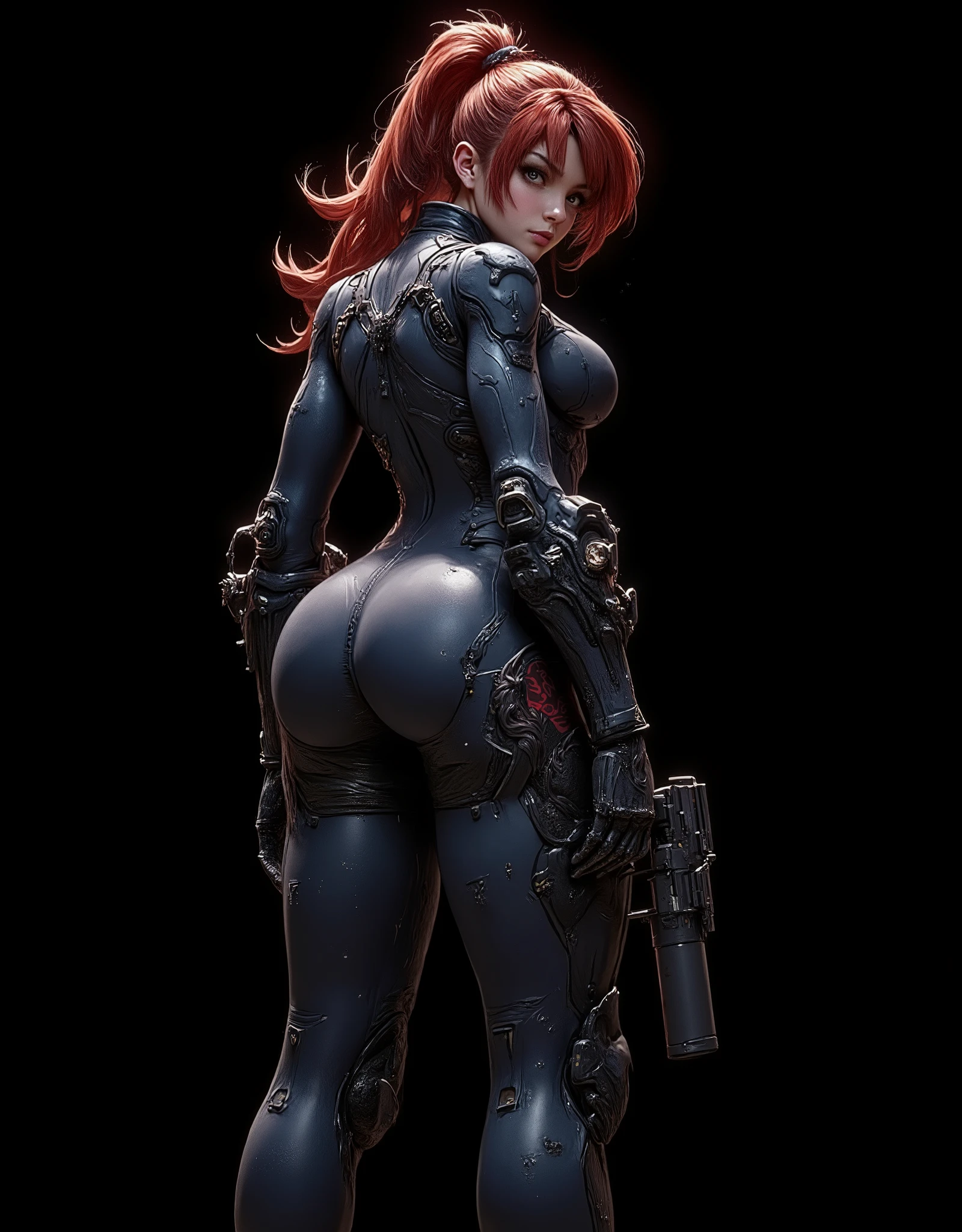 Full back shot of a 20 year old woman, high quality, 4k, she is a futuristic warrior, very pretty, redhead with abundant hair and a ponytail that reaches her waist, her wavy hair falls over her small breasts. Tiny chest, very small chest, bangs, very detailed layered hair. Very detailed green eyes, sensual half-open thick lips, long eyelashes. Perfect face. On her head she wears headphones with a built-in microphone. Very futuristic detailed navy blue camo headphones. Very tight navy camo jumpsuit, jumpsuit very tight to her body, torso protected with advanced armored mech armor reinforced with carbon fiber details, shoulders with mechanical protectors with the emblem of her assault unit. Navy blue camo shoulder protectors and mech armor. Abdomen shown, legs shown. Notches and scratches, bumps and dirt on mech torso. Shapely legs. Tactical protectors on her thighs, black carbon fiber tactical mechanical boots for advanced combat with a hydraulic system. Combat pose. Challenging pose. Back pose that shows us a beautiful ass with round buttocks, very detailed ass, very detailed skin, narrow waist, wide hips. She holds in her hand an advanced Sig Sauer Glock 17 pistol with a laser sight and a very futuristic silencer. She looks at the camera sideways with a determined and angry expression. Pure black image background, ideal for wallpaper. Sexy and dangerous space warrior.