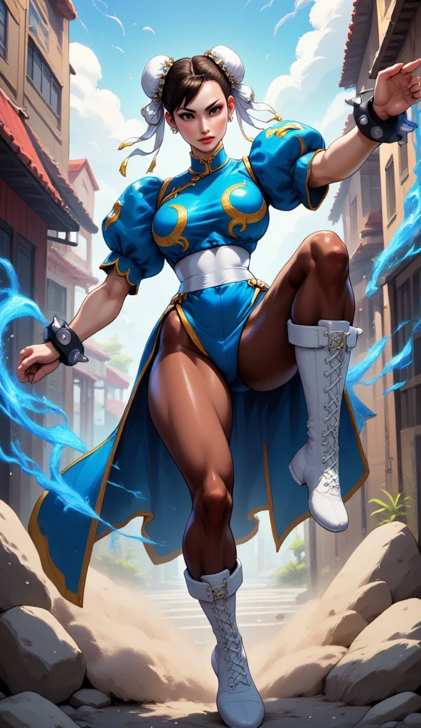 High detailed, 1 girl, solo, large hair, busty, chunky body, headband, indigo eyes, expressive eyes, Green kimono, karate stance