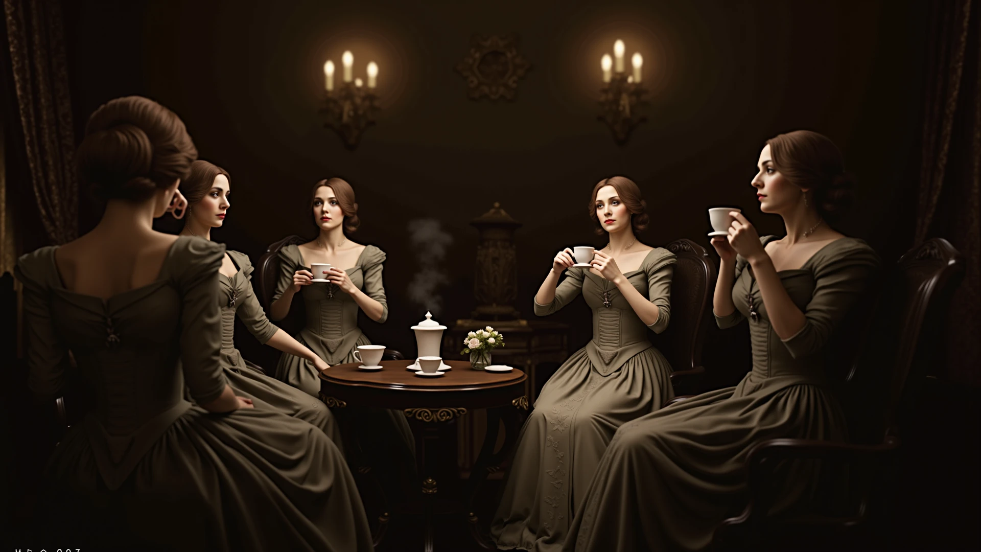 In a captivating exhibition of classical Italian art, two mature friends of stunning beauty, with a splendid figure and fair complexion, They embrace each other, they dress with two pieces of transparent fabrics that reveal their voluptuous curves. Broken clothes covered by transparent red and green cups, they reveal a deep cleavage, This exquisite portrait, similar to a Jan Saudek Style Photograph, show the attractive features of women with grace and charm. The background in a warm colored bedroom interior , ochre and green . Detailed brushstrokes enhance the delicate textures of her attire and the softness of her skin, creating a fascinating, high-quality image, timeless and captivating. The combination of realistic textures with dreamlike elements creates a sense of mystery, transcendence and an invitation to travel into the unknown and create a visual masterpiece of great quality and captivating beauty, In a warm inner world of dreams, and with many details, magical realism, Canon eos 5d mark 4 , lighting by Rembrandt. (dark realism 0,5 stat 1 int 1)