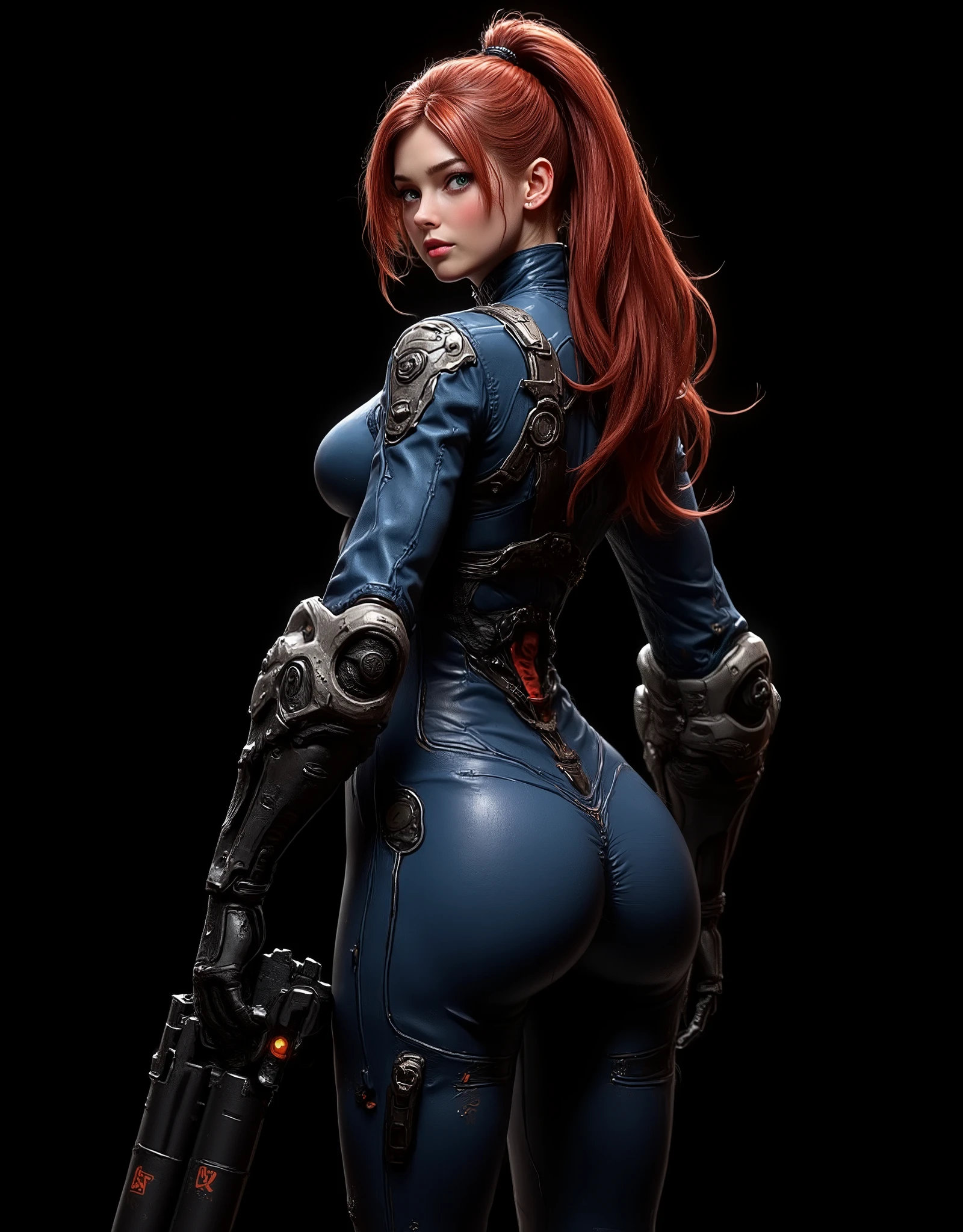 Full back shot of a 20 year old woman, high quality, 4k, she is a futuristic warrior, very pretty, redhead with abundant hair and a ponytail that reaches her waist, her wavy hair falls over her small breasts. Tiny chest, very small chest, bangs, very detailed layered hair. Very detailed green eyes, sensual half-open thick lips, long eyelashes. Perfect face. On her head she wears headphones with a built-in microphone. Very futuristic detailed navy blue camo headphones. Very tight navy camo jumpsuit, jumpsuit very tight to her body, torso protected with advanced armored mech armor reinforced with carbon fiber details, shoulders with mechanical protectors with the emblem of her assault unit. Navy blue camo shoulder protectors and mech armor. Abdomen shown, legs shown. Notches and scratches, bumps and dirt on mech torso. Shapely legs. Tactical protectors on her thighs, black carbon fiber tactical mechanical boots for advanced combat with a hydraulic system. Combat pose. Challenging pose. Back pose that shows us a beautiful ass with round buttocks, very detailed ass, very detailed skin, narrow waist, wide hips. She holds in her hand an advanced Sig Sauer Glock 17 pistol with a laser sight and a very futuristic silencer. She looks at the camera sideways with a determined and angry expression. Pure black image background, ideal for wallpaper. Sexy and dangerous space warrior.