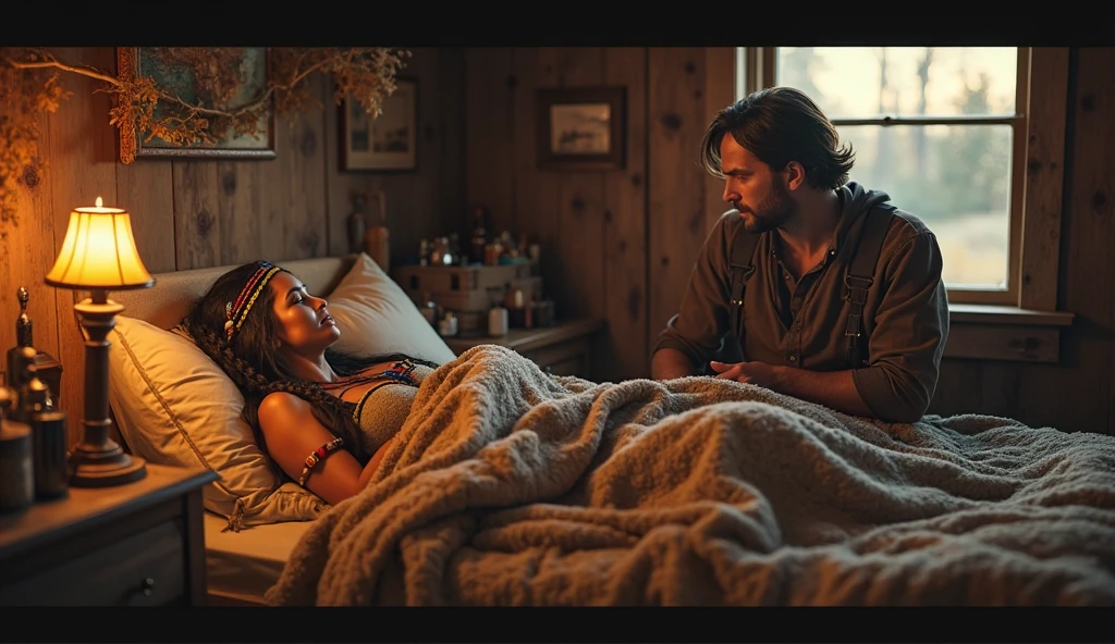 In a cozy cabin, on the edge of a forest, a couple snuggles in the bed near the crackling fireplace as rain falls outside. The warmth of the flame envelops them, creating an intimate and welcoming atmosphere as they embrace tenderly, enjoying the peace and serenity of the moment. The faint light from the fireplace dances on the wooden walls, casting soft and cozy shadows around the couple. The gentle sound of rain against the thatched roof completes this romantic and comforting scene.
