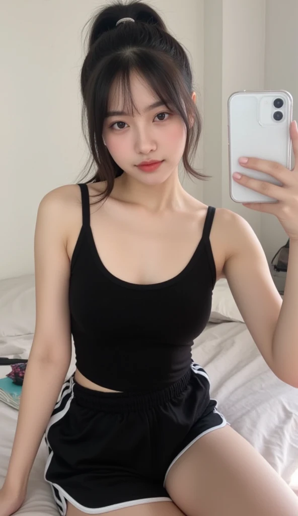 highest quality,masterpiece,Ultra-high resolution,(Realistic:1.4),Beautiful lighting, (Highly detailed CG Unity 8k wallpaper), Beautiful face in every detail,Detailed clothing, 50mm portrait photography, One Girl,Big black eyes, cute, young, Pause, Facial Lighting, Physically Based Rendering,Written boundary depth , Black Hair,,(Serious face), ((Take from above)), Japanese women、20-year-old、camisole、(Big Breasts),Inside the room、Young and beautiful woman taking a selfie, Taken with iPhone camera,(Sticking out tongue)