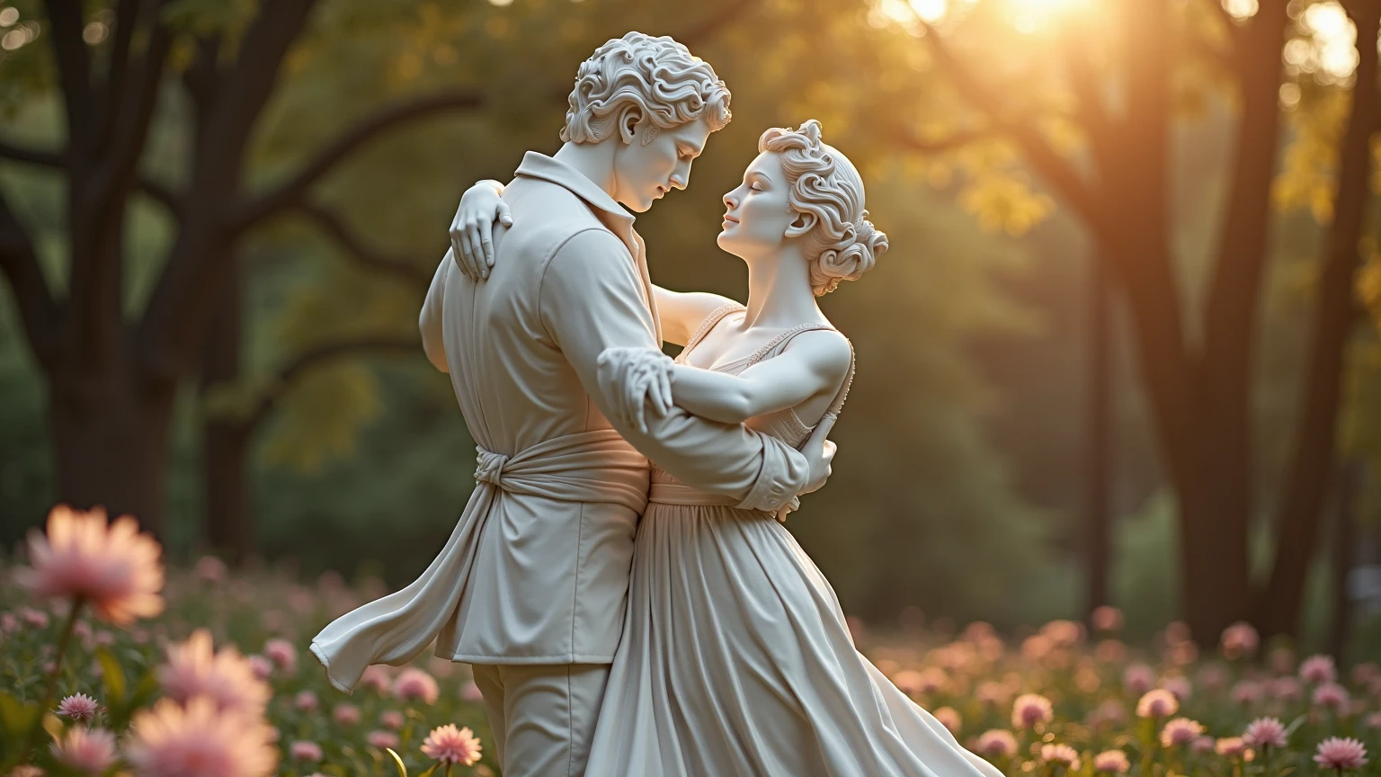 A forest where vegetation abounds in the middle, a statue of the sun and the moon together, around them red flowers that emit peace and tranquility in a sunset