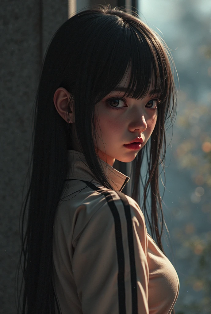 Generate an image of a stunning young girl with clear eyes and fair Asian skin. (Portrait, Realistic Style, Outdoor Setting, Soft Lighting, High Quality, Minimal Noise, Warm Colors, Impressionistic Brushwork, Artstation Influence, Modern Clothing, Wide-Angle Lens)