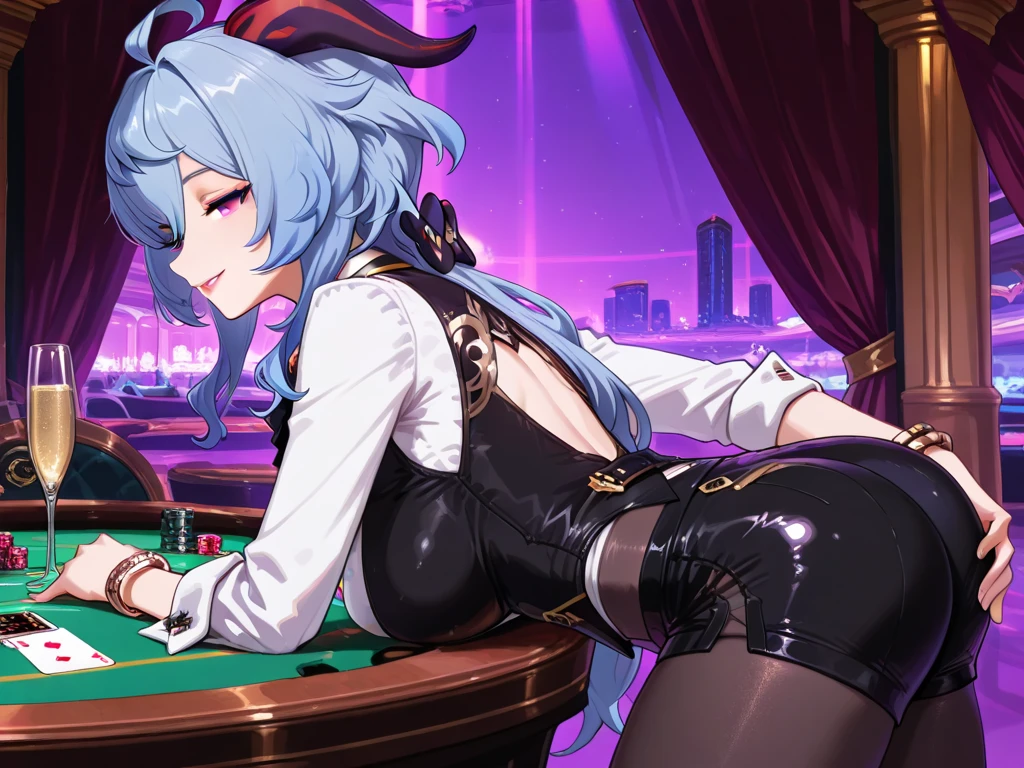 A dimly lit casino, shrouded in smoke and mirrors, serves as the backdrop for a high-stakes game of survival. MILFs with wicked grins, dressed to seduce, welcome debtors with cruel eyes. Heavily indebted individuals, desperate for a turnaround, place their last bets as dealers and hostesses exude a sultry aura. The air is thick with tension as lives hang in the balance, and the beautiful demons lure players into making reckless choices. In this hellish utopia, money and lives are gambled away, and the only reward is destruction., nsfw, Characters focus, fisheye lens, Close-up