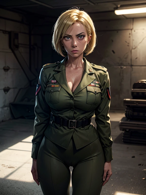 Frederica Greenhill, a 25-year-old female lieutenant and adjutant with short, vibrant green hair, stands confidently before a map table, deep in thought. She is known for her quick Strategic mind and ability to find efficient shortcuts. Her uniform is adorned with various insignia, reflecting her rank and achievements. With a gentle curve of her full breasts, she leans forward, her sharp focus on the upcoming mission.