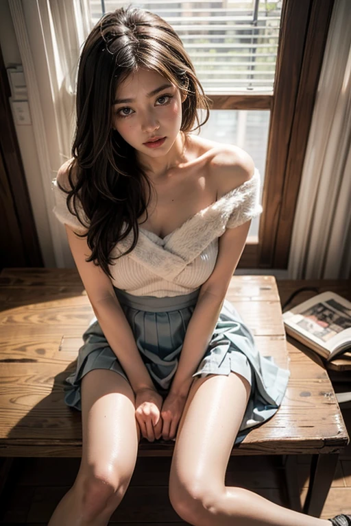 Best Quality Detail:1.2, realisitic, 8K UHD, hight resolution, 1girl in:1.2, The ultra-detailliert, High quality textures, intricate detailes, detaileds, Very detailed CG, High quality shadows, Detail Beautiful delicate face, Detail Beautiful delicate eyes, depth of fields, Ray traching, Women over 24 years old, Pretty Kpop Girl, Korean Urzan Face:1.1, Slender face, ulzzang -6500-v1.1:0.6, pureerosface_v1, gloweyes, teak, Glossy lips, perfectbody、Wearing a high school uniform、Impossibly short skirt、Very very cute face、Wearing a Y-shirt,(ふしだらなYNavy blue long pleated skirt over shirt、Underwear under clothes、bra very、panties on)、fascination pose、sitting on,Legs wide open、((The skirt is flipped up and the panties are visible:1.2,)),mekosji,Crisp focus:1.2,Cute woman with perfect body shape:1.4,The best smile,A slender,abdominals:1.2,Cameltoe,Show off panties with both legs open、Photorealsitic:1.4, ultra-detailliert, photos realistic, Full Color RAW Photos, Fuji Film(Medium format:1.2), Hasselblad:1.2, Carl zeiss:1.1, Incredible dynamic range photography(UTIL_Art by Smoose-768:1.1), hight resolution, High pixel count, clear details, crisp image, Natural color reproduction, Noise Reduction, High fidelity, qulity, Software Improvements, Upscaling, Optimized algorithms, Pro-level retouching、(((Own room)))
