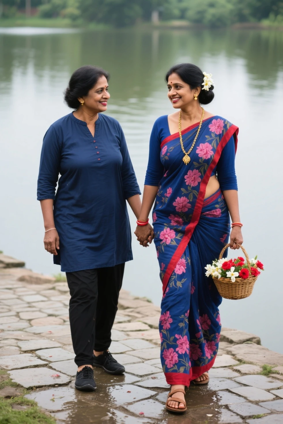 A mother and her , green plants and flowers