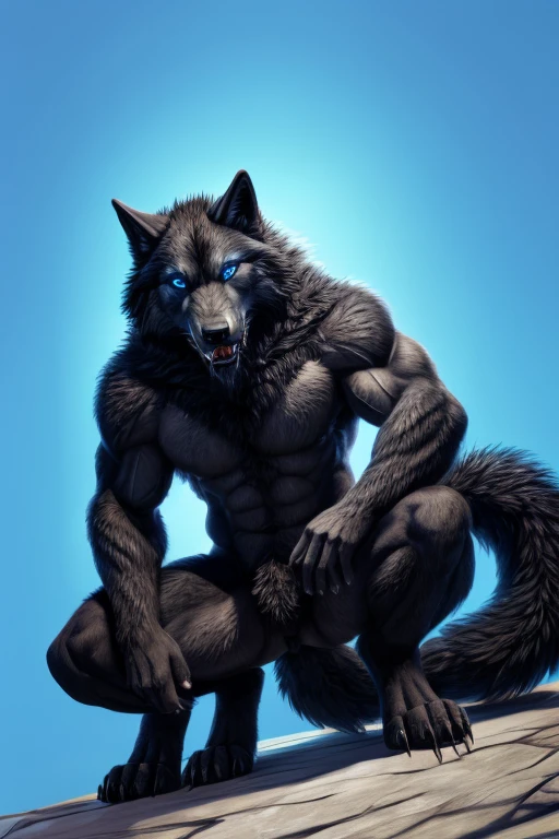 Perspective from below black wolf naked male furry legs apart looking down blue background squat pose blue eyes serious look claws on knees fluffy tail scars growling salivating