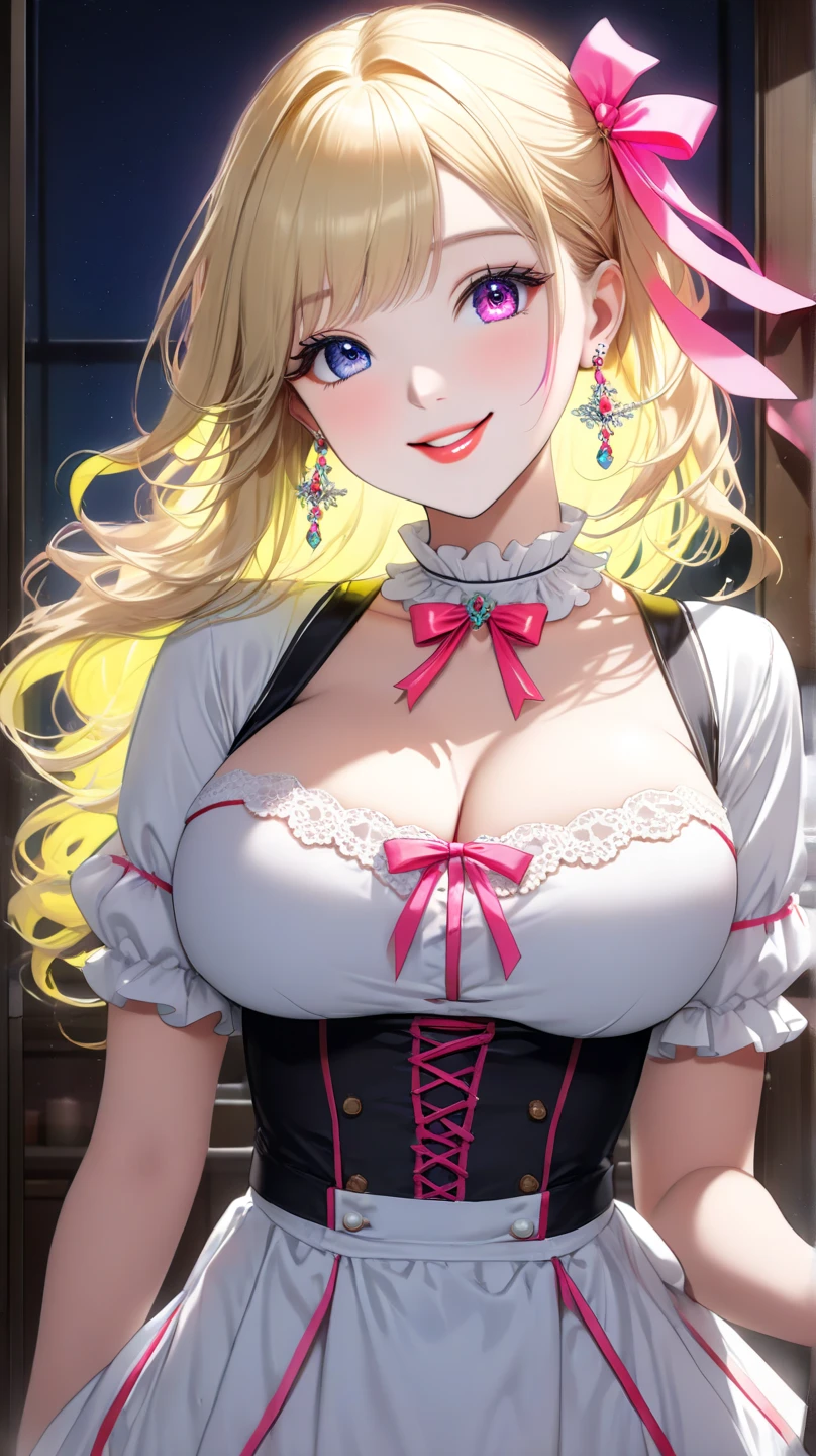 ((highest quality、8K、masterpiece:1.3))、Extraordinary Beauty、Ultimate Beauty、Revealing underwear:1.2、Super Detail Face、delicate eyes、Little devilish smile、Erotic look、sexy look、Sexy look、Looking at the camera、Red rose hair ornament、high quality gothic dresses、(((Nipples exposed from gothic dress)))、((bra))、gothic dress skirt、((((sexually seducing))))、((((shyly seduce))))、((blonde))、beautiful  Girl、Large beautiful breasts、cleavage、slim、slender、(((Old castle at night)))