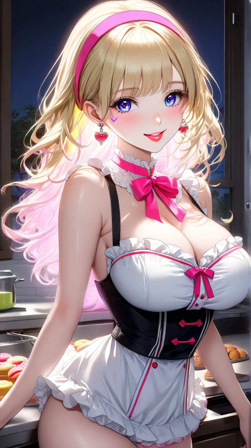 adult Woman, adult, With blonde pigtails and big pink hair bows, She wears a very short and tight pink nurse costume., huge , a lot of cleavage,curves, high thighs, curves, bar, pink aesthetic, Pink bow in hair. light. 4k.  sexual revelation. seductive pose. Throwing hearts from their hands