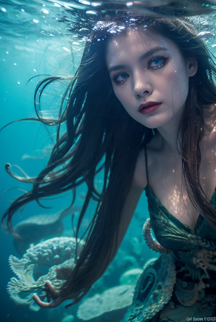 (professional 3d render:1.3) ((Mermaid swimming all body)) (Realistic:1.3) most beautiful artwork photo in the world,(((Brown hair))), (( Brown eyes)), brunette, Caucasians, ((long mermaid tail)), (((Detailed mermaid fins))), full bodyesbian, sport, Features: soft and shiny, ((Epic mermaid fantasy long hair in dynamic pose,Full tail, Fantastic location, Majestic cluttered environment)), Full body 8K unified rendering, action shot, skin pore, heavyshading, Detailed, Detailed face, (vibrant, photograph realistic, Realistic, Dramatic, Dark, Sharp focus, 8K), (fish scales:1.4), ((((Mermaid tail)))), (Intricate:1.4), decadent, (Highly detailed:1.4), Digital painting, rendering by octane, art stations, concept-art, smooth, Sharp focus, illustration, Art germ, (loish:0.23), (Global illumination, Studio light, volumettic light), Underwater, Ocean, lotr, fantasy, mermaid, ((Sea backgroun:1.3)),CGSesociety,art stations