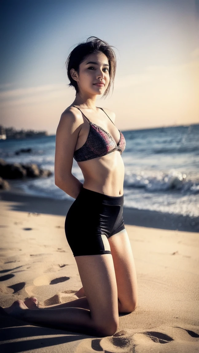 Naked beautiful 18 year old girl walking on a beach without any clothes except a sport short,black sport short
