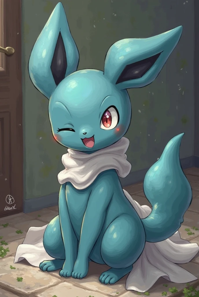 Meowstic, furry girl, young, yellow sclera, red iris, white body fur, blue hair, high quality, masterpiece, detailed body fur, detailed face, detailed eyes, glistering body, shiny body, gorgeous body, forest, clear sky, sitting, spreading legs, feet with three toes, full body, hands on hips, pussy, :3, 